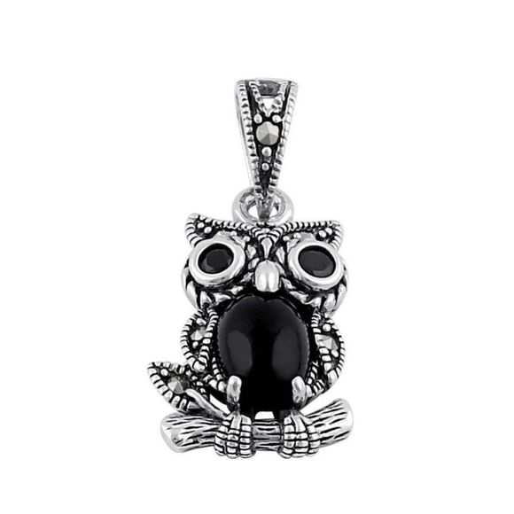 New Sterling Silver Black Onyx and Dark Garnet Owl Marcasite Pendant Necklace - Picture 2 of 8